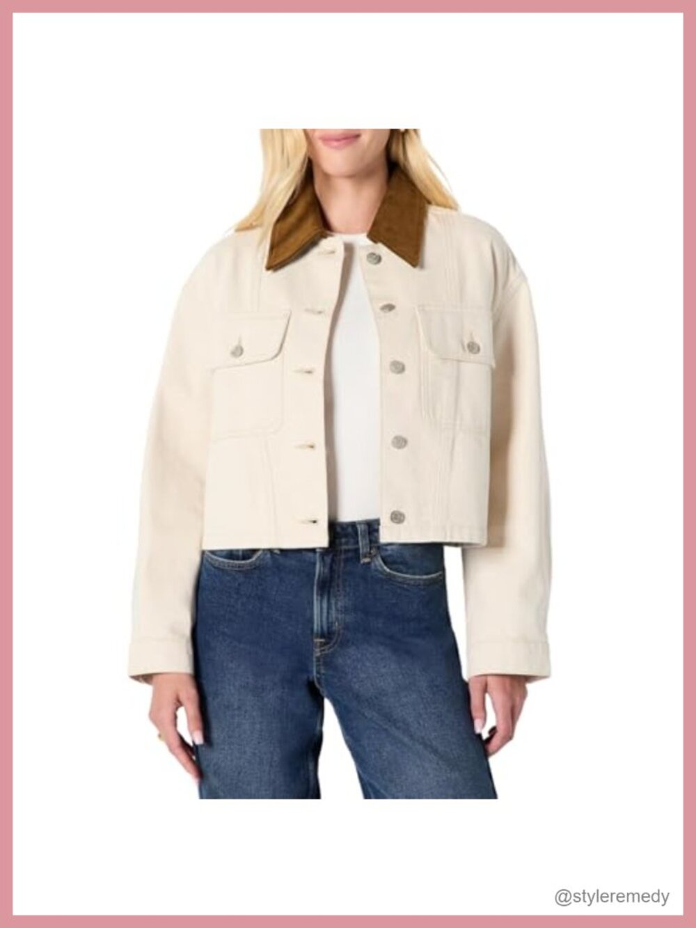 Oversized Cropped Denim Jacket with Corduroy Collar Heavyweight